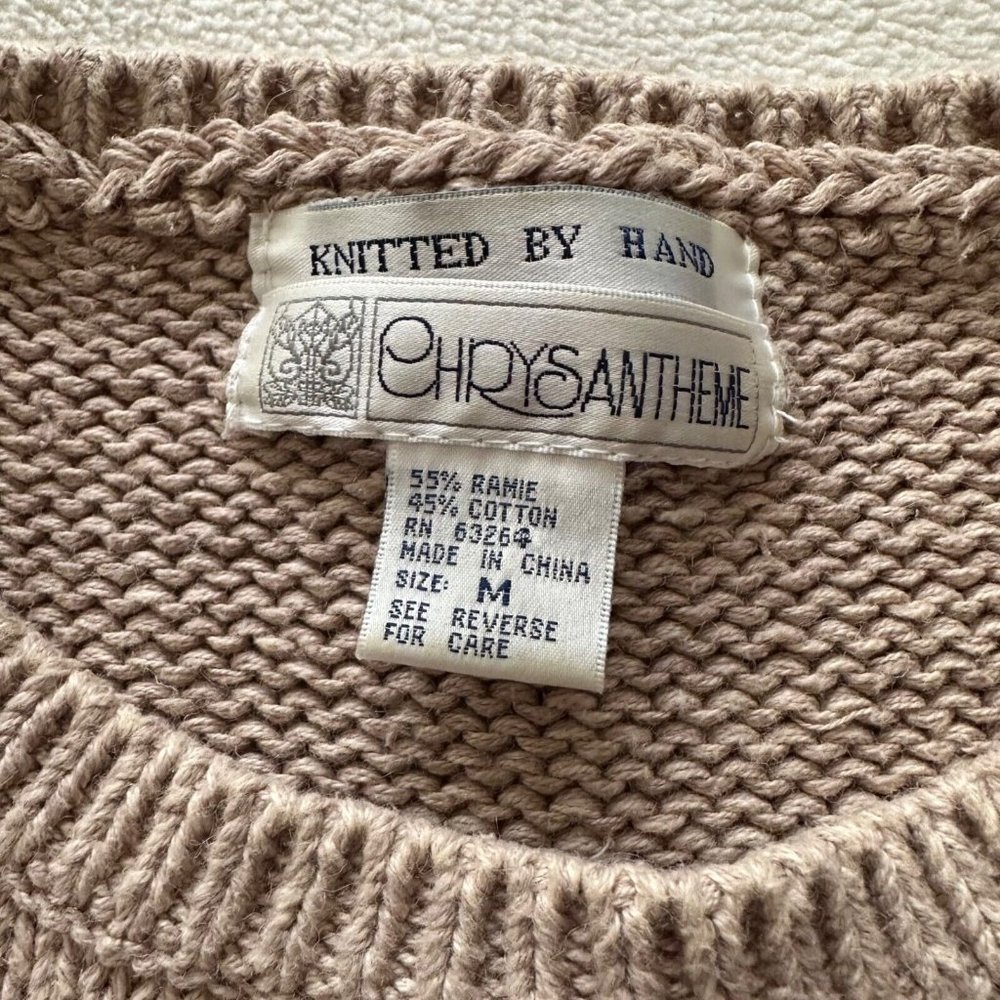 VNTG 80's Chrysantheme Cottagecore Cozy Beige Floral Padded Shoulder Sweater Med - Picture 8 of 9